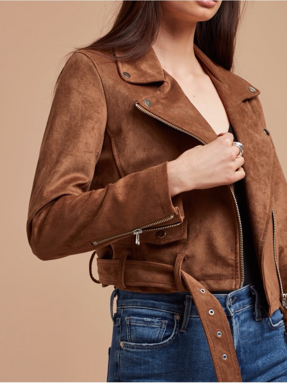 Aritzia Talula Suede Belted Moto Jacket - Brown